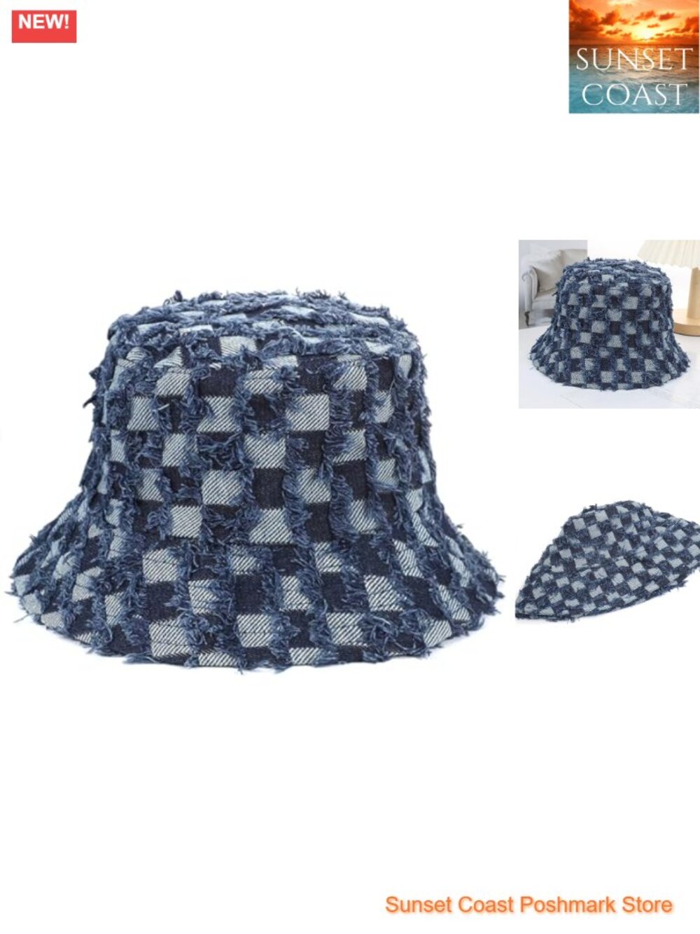 Washed Cotton Bucket Hat Checkerboard Wide Brim Sun Protection Adjustable